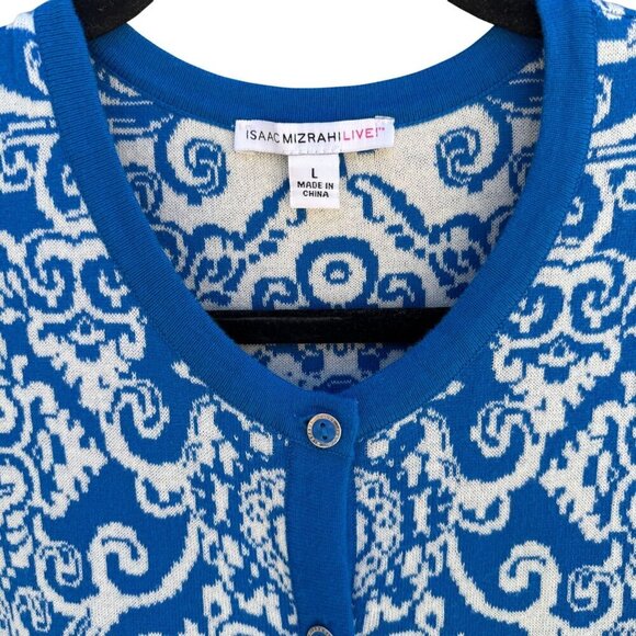Isaac Mizrahi Live Womens Blue White Delft Print Knit Button Cardigan Sweater L - Picture 4 of 8